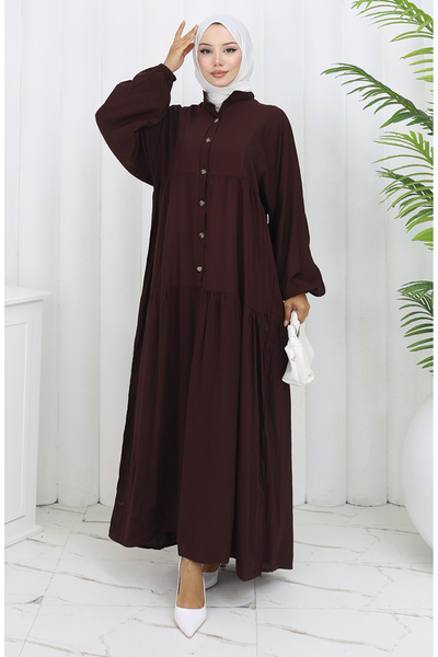 sefamerve Viscose Fabric Half Button Dress 2130-04 Brown
