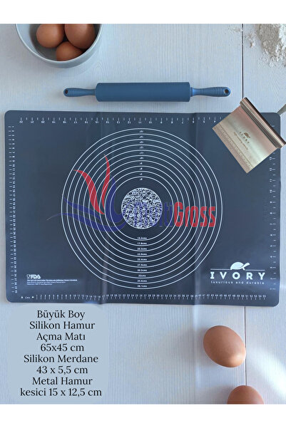 Multiamo Large Size Silicone Dough Rolling Mat Plastic Handle Silicone Roller Metal Dough Cutting Apparatus Gray