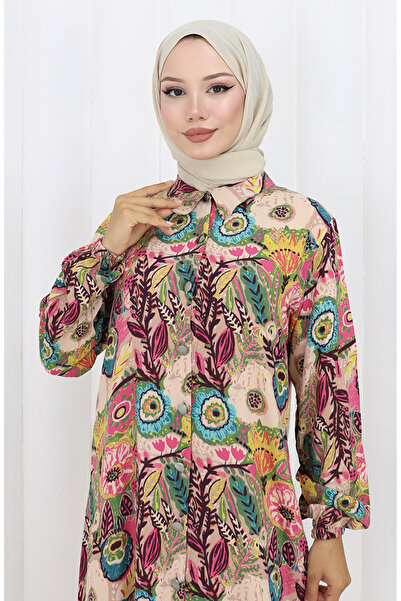 sefamerve Kolu Lastikli Düğmeli Tunik 0134-04 Turkuaz Bej