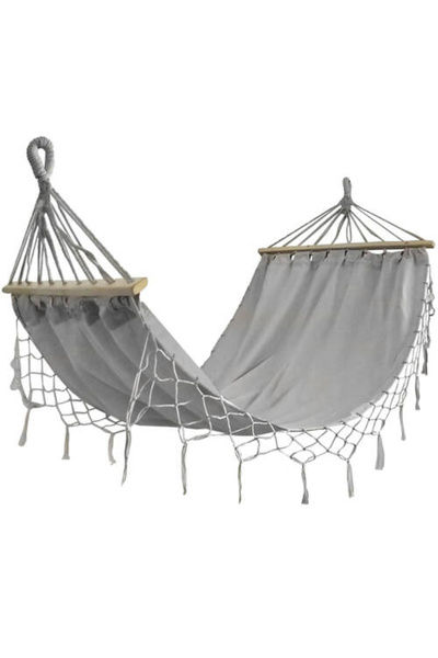 Micostore Hamac de gradina, dublu, XXL, bumbac, gri, cu rame lemn, max 250 kg, 200 x 150 cm