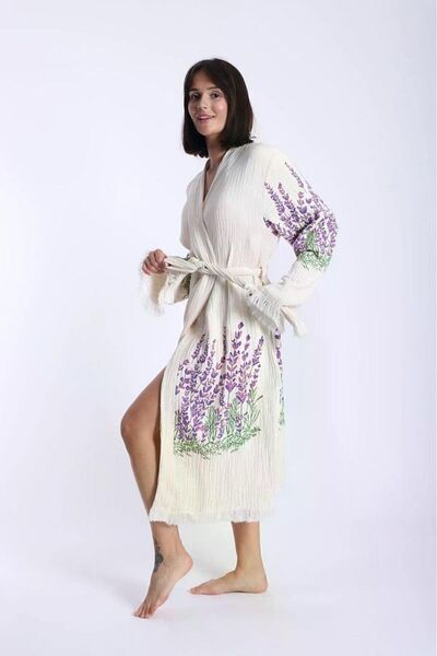 SEMTEKSTİL Muslin 100% Cotton Pocketed Kimono Bathrobe Morning Dress Beach Wear