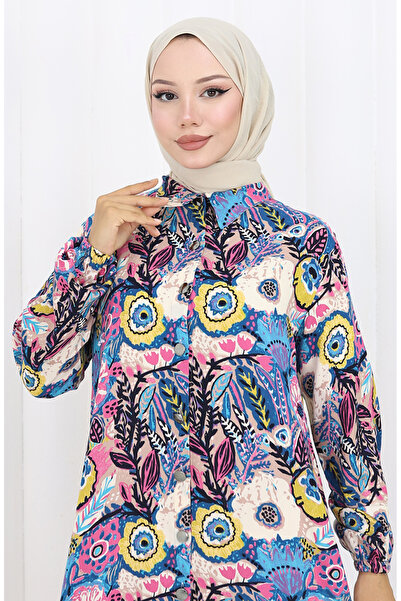 sefamerve Kolu Lastikli Düğmeli Tunik 0134-02 Fuşya Mavi