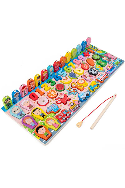 Micostore Jucarie educativa din lemn 6 in 1, Placa logaritmica cu pescuit magnetic, cifre, animale, vehicule