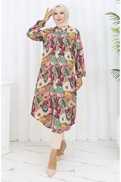 sefamerve Buttoned Tunic with Elastic Sleeves 0134-04 Turquoise Beige