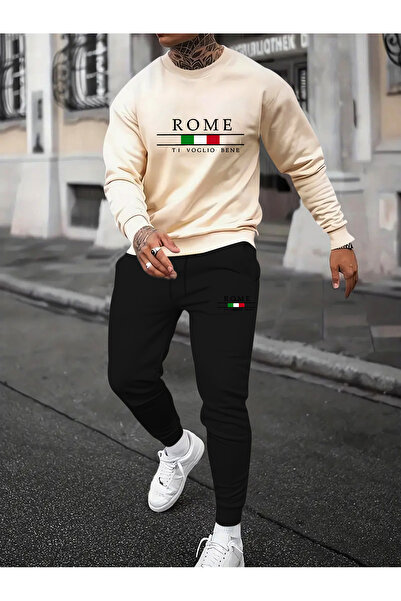 MODAVİBE Unisex Crew Neck Printed Tracksuit Set Cotton Polyester Fabric Elast...