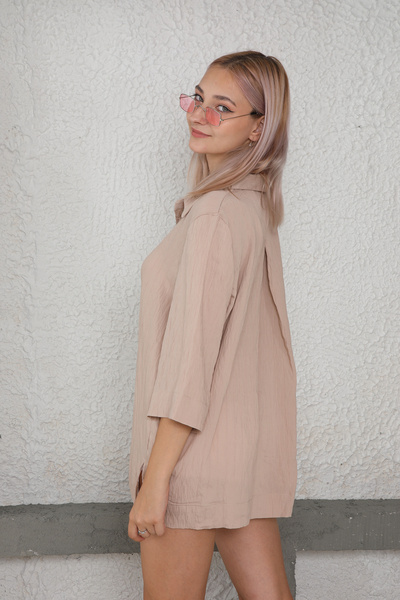 Azda Γυναικείο λινό πουκάμισο με λεπτομέρεια με σχισμές στο πλάι