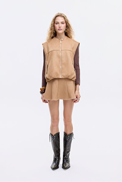 Quzu Zikzak Dikiş Detaylı Beli Lastikli Süet Görünümlü Yelek Bej