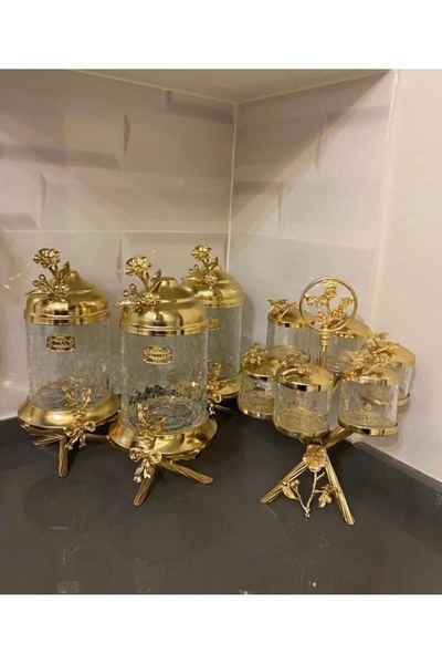AZADE BAKIR GOLD PİRİNÇ JAPONGÜL AYAKLI LÜX 3’LÜ KAVANOZ ve MİDİ 6’LI CAM BAH...