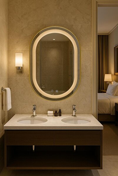 zeylin dizayn Zeylin Premium 65x45 cm Ledli Oval Ayna – Buğu Çözücülü, Titany...