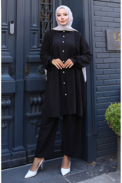 sefamerve Ruffled Front Tunic Pants Double Set 2128-02 Black