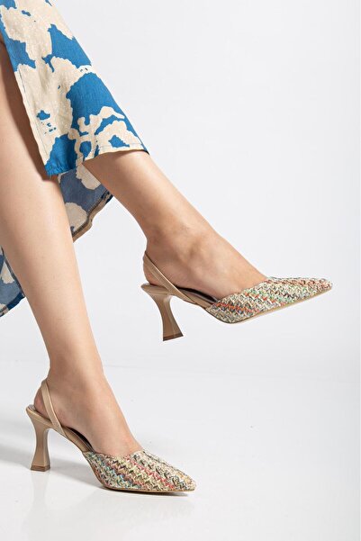 DİORİN Women's Stiletto Thin Toe Multicolor Straw Open Back Heels Classic Shoes