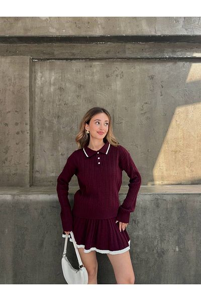 LOKADI Women's Polo Neck Knitwear Sweater-Skirt Double Set