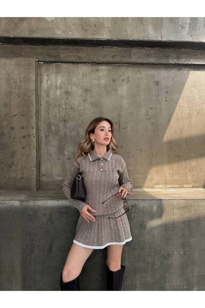 LOKADI Women's Polo Neck Knitwear Sweater-Skirt Double Set
