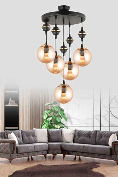 Genel Markalar Sarkıt Tepsi Siyah 5'li Bal Glop Camlı Aşağı Bakan Lüks Avize