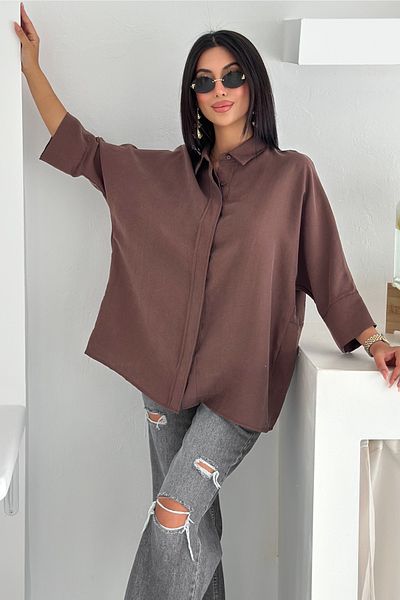 FEMELLE Women's Brown Hidden Button Comfortable Fit Bat Sleeve Loose Fit Oversize