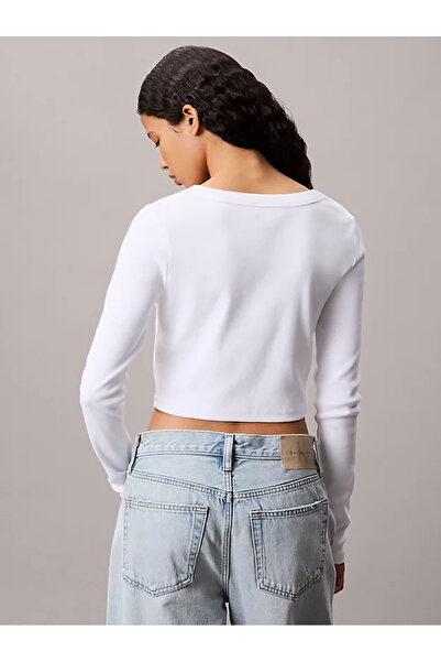 Calvin Klein Kadın Örme Triko Normal Kalıp Düğme Kapamalı Uzun Kollu Crop Beyaz Bluz LV047C204G-YAA