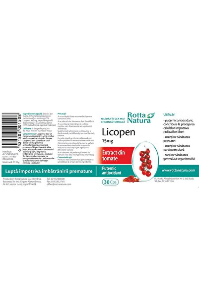 Rotta Natura Lycopene 15mg, Rotta Natura, 30 capsules