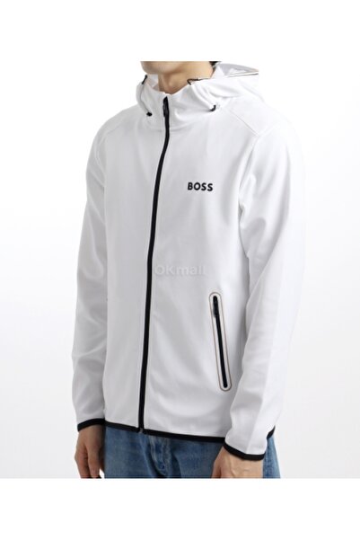 BOSS Erkek Normal Kalıp Lastikli Kapüşonlu Hızlı Kuruyan Esnek Kumaş Uzun Kollu Beyaz Sweatshirt 50542948