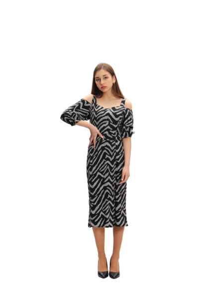 KYANI Viscose Midi Dress, Black with Print XS-S