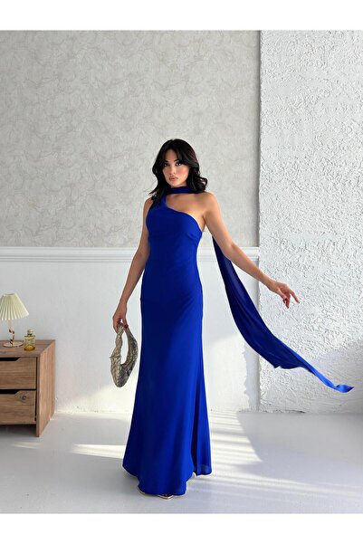 Serica Moda Rochie cu un singur umăr cu detaliu eșarfă albastră Saks