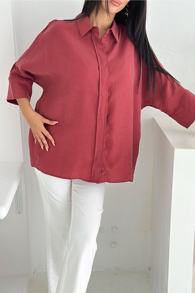 FEMELLE Women's Burgundy Hidden Button Comfortable Fit Bat Sleeve Loose Fit Oversize
