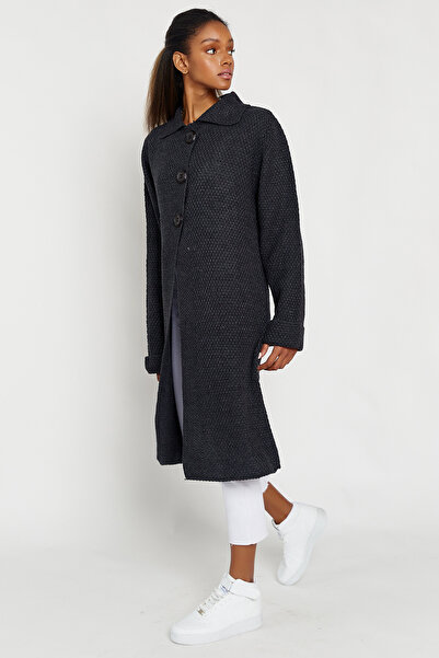 Hopoi Women's Anthracite Baby Collar Wooden Button Midi Cardigan