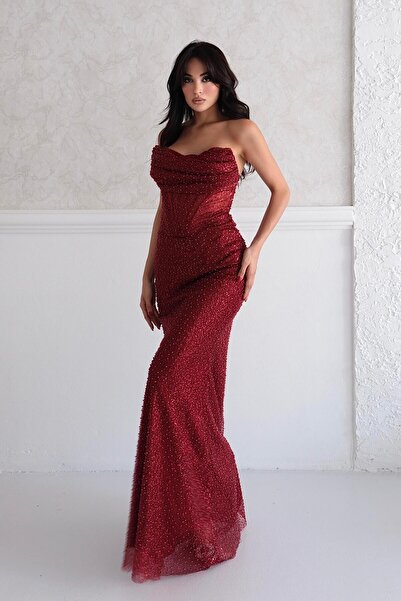 Serica Moda Βραδινό φόρεμα με χάντρες μπορντό με στράπλες διαφανές λεπτομέρεια