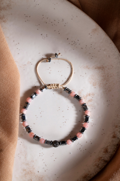 OSMANLI DEĞERLİ TAŞ Certified Rhodochrosite-Hematite Natural Stone Zircon Apparatus Macrame Adjustable Bracelet