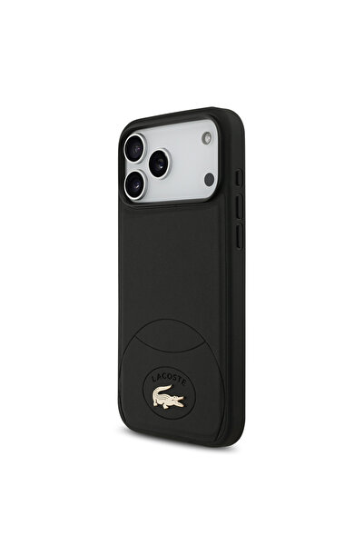 Lacoste iPhone 17 Pro Max Uyumlu Kılıf Lisanslı M-safe Şarjlı PU Deri Metal Logolu Kapak Siyah