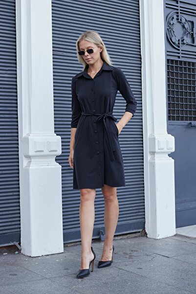 Jument Γυναικείο Modal Silky Stretch Fabric Capri με γιακά με μανίκια τριών τετάρτων με τσέπες πουκάμισο φόρεμα-μαύρο