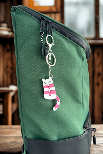 Lusida Design Flexible Jointed Pink Keychain Bag and Pen Holder Ornament with Cat Figure