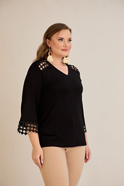 Great Fast Women's Plus Size Ponci Shoulder and Sleeve Tip Laser Cut Honeycomb Shape Stylish V-Neck Black Blouse