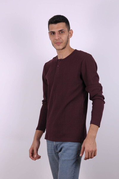 trender Buttoned Waffle Claret Red Men's Sweatshirt 5070