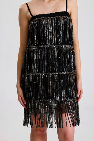 Sense Astarlı Tül Üstüne Payet Detaylı Abiye Elbise | ELB36130 Siyah-Gold