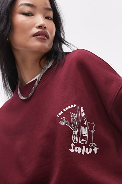 The Champ Clothing Oversize Unisex Sweatshirt Bordo – 3 İplik Şardonlu Polar Kumaş, Bisiklet Yaka, Salut Arka Baskılı