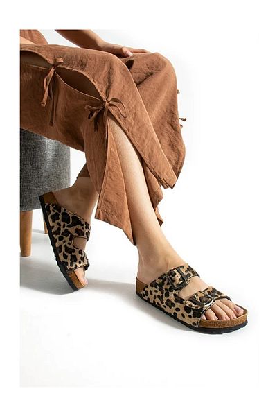 Doreva Leopard Flexible Double Buckle Faux Leather Comfort Casual Daily Women's Slippers