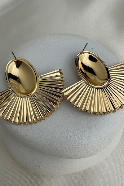 Modex Gold Color Pearlescent Enamel Fan Oval Stone Stud Earrings (6Cm*5Cm)