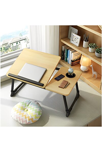 Herum Skládací stolek na notebook, s nastavitelným sklonem, držák na nápoje, Herum, dřevo, 60 x 32 x 25 cm
