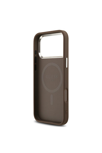 Guess iPhone 17 Pro Max Kılıf Lisanslı M-safe Şarjlı Gold Kamera Çerçeveli Taşlı Üçgen Logo Kahve