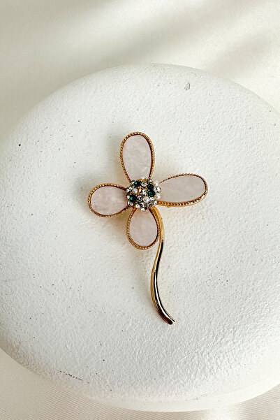 Modex Altın Rengi Yeşil Beyaz Taş Detay Sedefli Çiçek Broş (6cm)