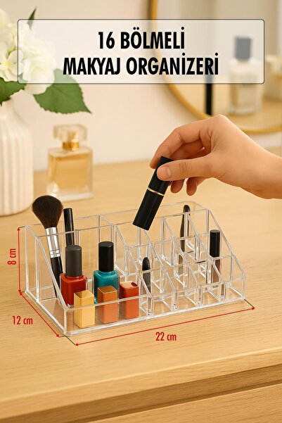 EWs Şeffaf 16 Bölmeli Makyaj Organizeri Düzenleyici 12×22×8 cm