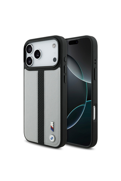 BMW iPhone 17 Pro Uyumlu Kılıf Lisanslı M-safe Şarjlı Deri Metal Logolu Delikli Şerit Kapak Gri