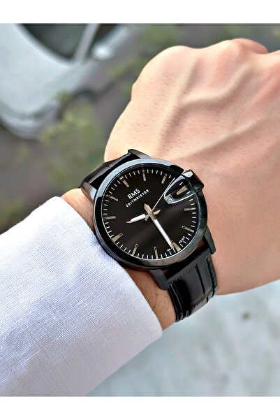 Romanson Özel Tasarım Deri Kordon Siyah Renk Çelik Kasa Erkek Kol Saati 1447.08MR