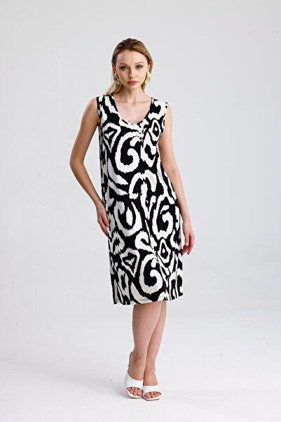 Sense Sleeveless Printed Midi Viscose Dress |   Elb35852 Ecru-Black