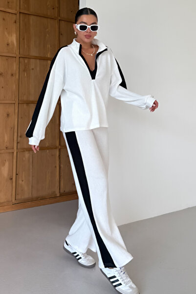 MODAGEN Kadın Beyaz V Yaka Siyah Çizgi Detaylı Kazak Alt-Üst Pantolonlu Takım