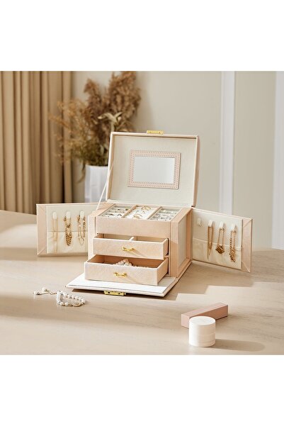 Arzu Güzel Cosmetics Pu Leather Finish Multi Compartment Jewelry Box Organizer with Drawer Lock Mirror Design