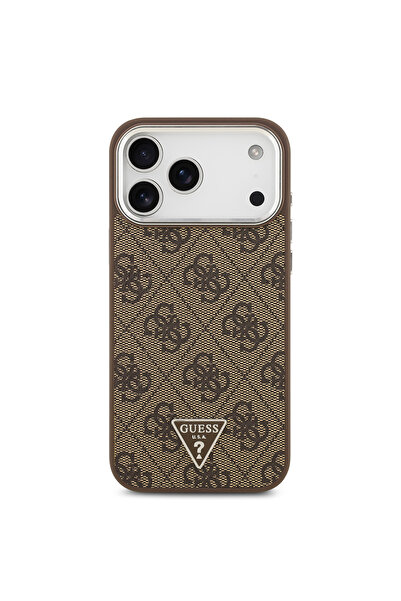 Guess iPhone 17 Pro Max Kılıf Lisanslı M-safe Şarjlı Gold Kamera Çerçeveli Taşlı Üçgen Logo Kahve