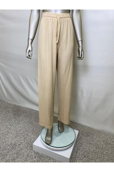 owwon Women's Beige Seersucker Palazzo Trousers with Elastic Waist