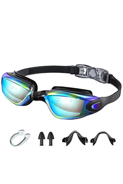 Choice نظارات سباحة عالية الدقة مضادة للضباب بعدسات سوداء ذهبية + سدادات أذن ...