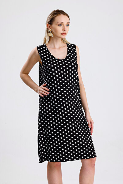 Sense Sleeveless Printed Midi Viscose Dress |   Elb35852 Black B.Polka Dot